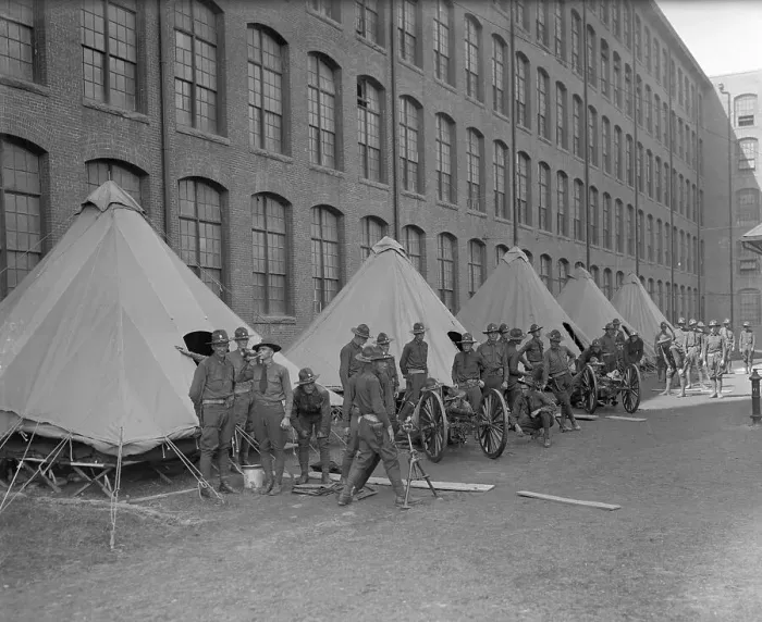 Framed Print : Soldiers Guarding Mill from Strikers Framed Print : Soldiers Guarding Mill from Strikers