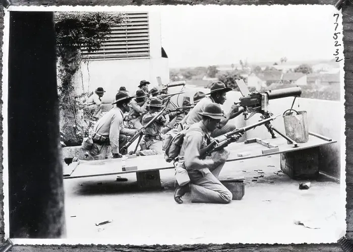Framed Print : Soldiers with Guns on Building Roof Framed Print : Soldiers with Guns on Building Roof