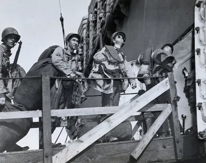 Framed Print : Soldiers Look Up As They Board Ship Framed Print : Soldiers Look Up As They Board Ship
