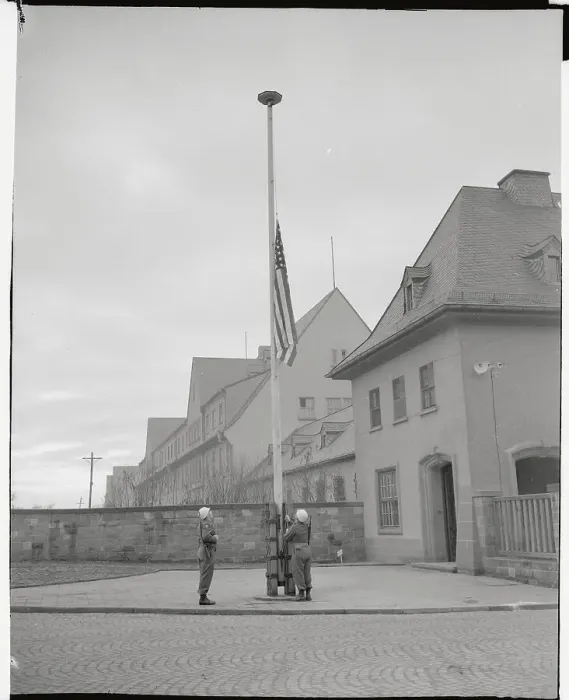 Framed Print : Soldiers Lowering Flag to Half Mast