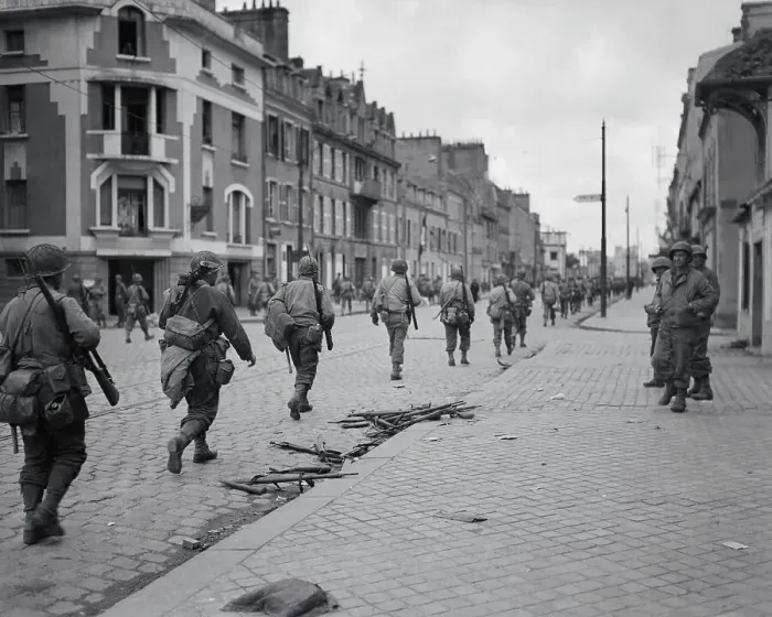 Framed Print : US Soldiers Marching Through Cherbourg Framed Print : US Soldiers Marching Through Cherbourg