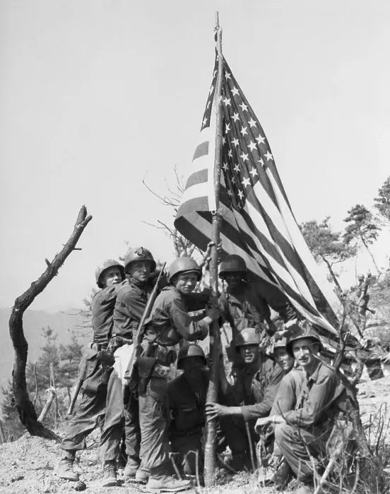 Framed Print : Soldiers Plant Flag on Korean Hill Framed Print : Soldiers Plant Flag on Korean Hill