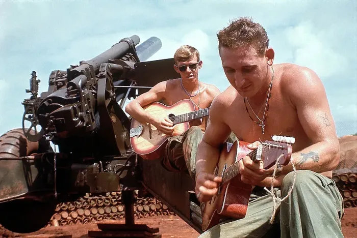 Framed Print : Soldiers Relax and Play Guitars Framed Print : Soldiers Relax and Play Guitars
