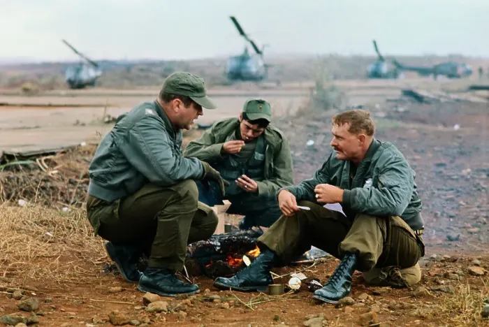 Framed Print : Three Soldiers Relaxing Around Campfire Framed Print : Three Soldiers Relaxing Around Campfire