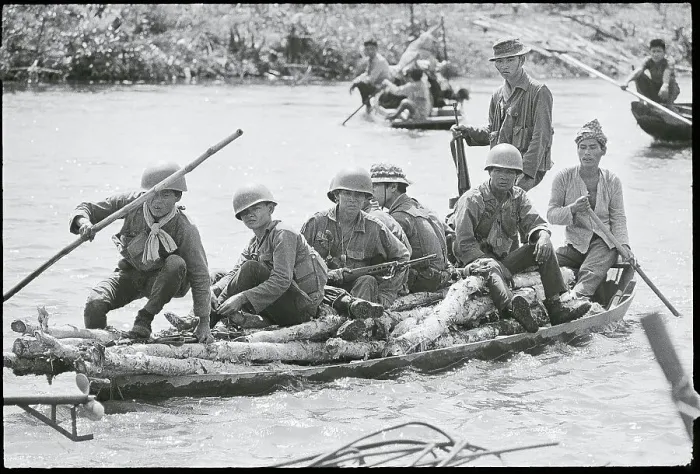 Framed Print : Soldiers Riding on Sampan of Logs Framed Print : Soldiers Riding on Sampan of Logs