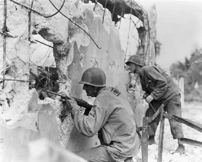 Framed Print : Two Soldiers With Rifles; Behind Trees