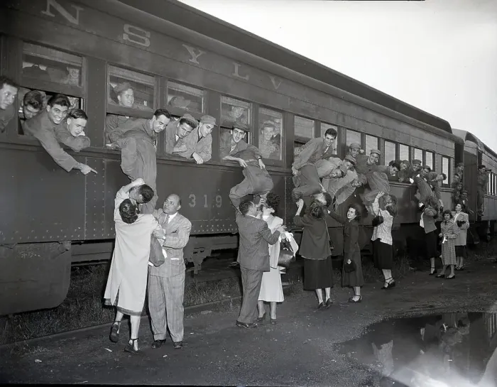 Framed Print : Soldiers Say Goodbye To Women; Train Framed Print : Soldiers Say Goodbye To Women; Train