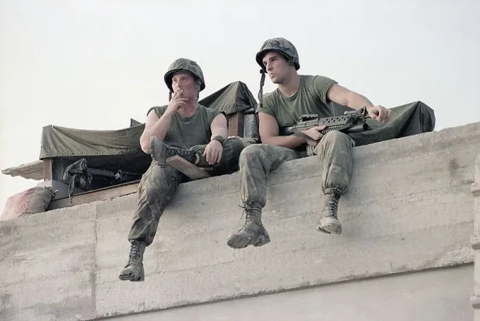 Framed Print : Soldiers Seated on Barricade Framed Print : Soldiers Seated on Barricade