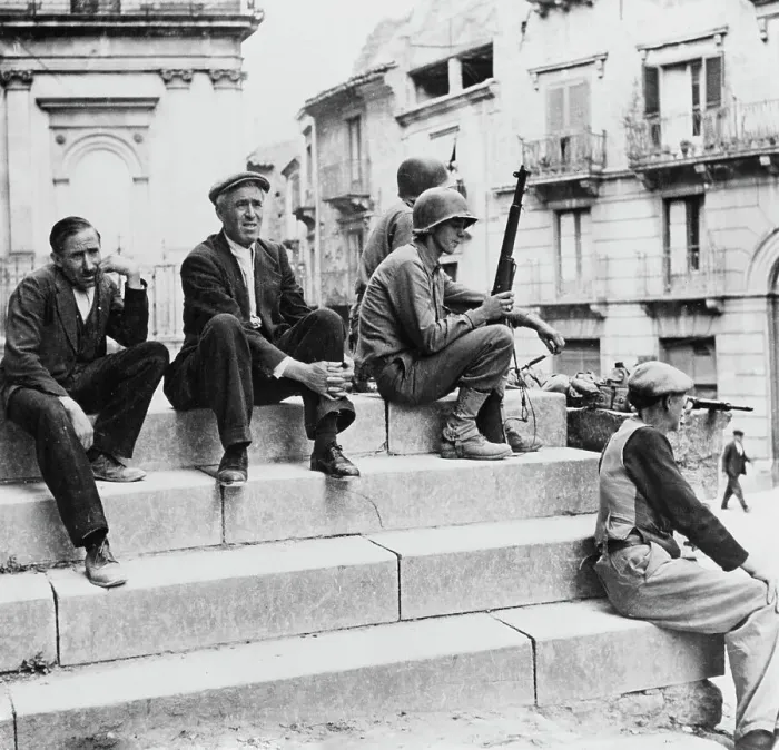 Framed Print : US Soldiers Seated On Church Steps Framed Print : US Soldiers Seated On Church Steps