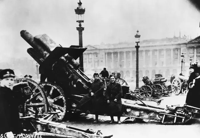 Framed Print : Soldiers Sitting on Big Bertha Artillery Weapon Framed Print : Soldiers Sitting on Big Bertha Artillery Weapon