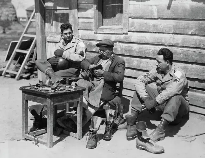 Framed Print : US Soldiers Sitting With Italian Cobbler Framed Print : US Soldiers Sitting With Italian Cobbler