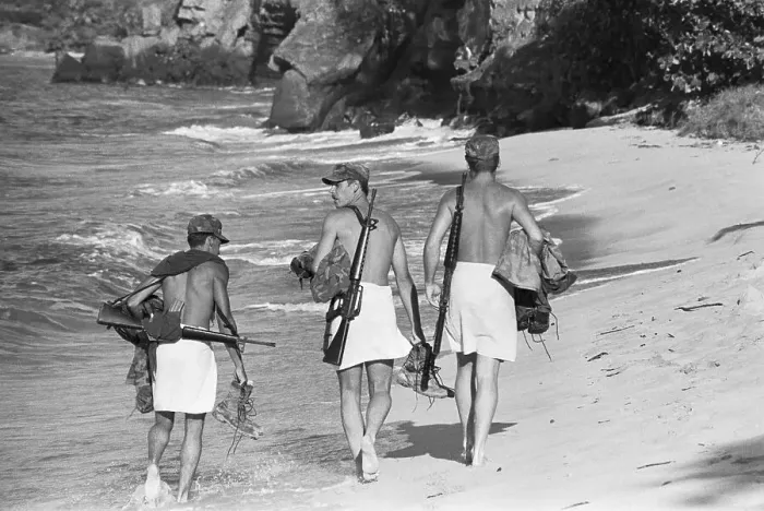 Framed Print : Soldiers Strolling on Grenada Beach Framed Print : Soldiers Strolling on Grenada Beach