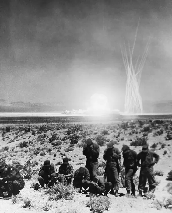 Framed Print : Soldiers Turn Away From Atomic Blast