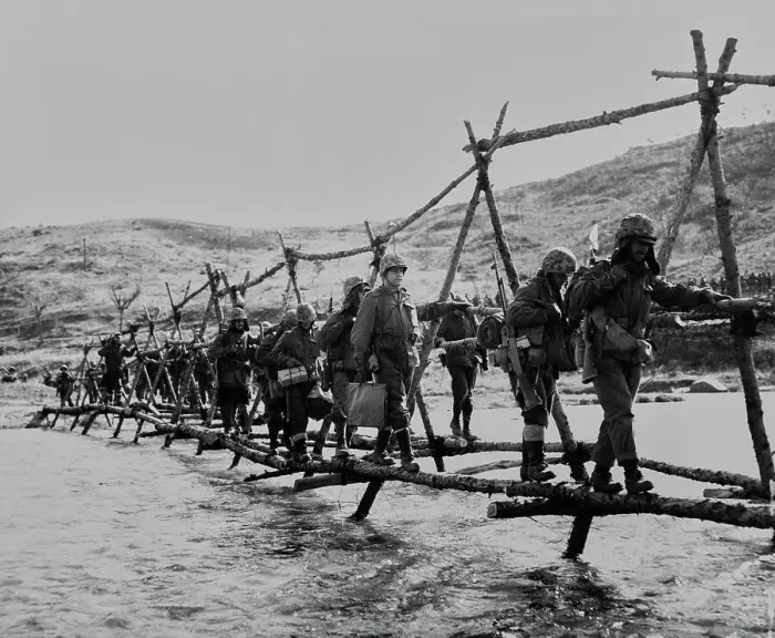 Framed Print : Soldiers Walking Across Makeshift Bridge Framed Print : Soldiers Walking Across Makeshift Bridge