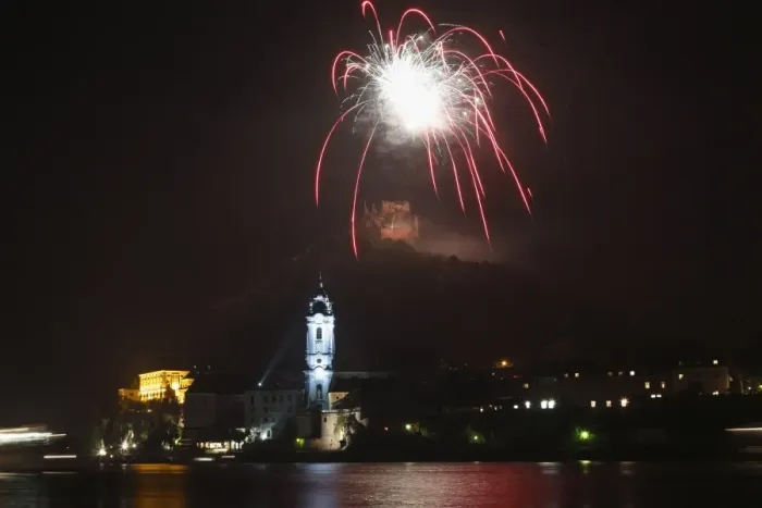 Framed Print : Solstice celebration with fireworks, Duernstein, Wachau, Lower Austria, Austria, Europe