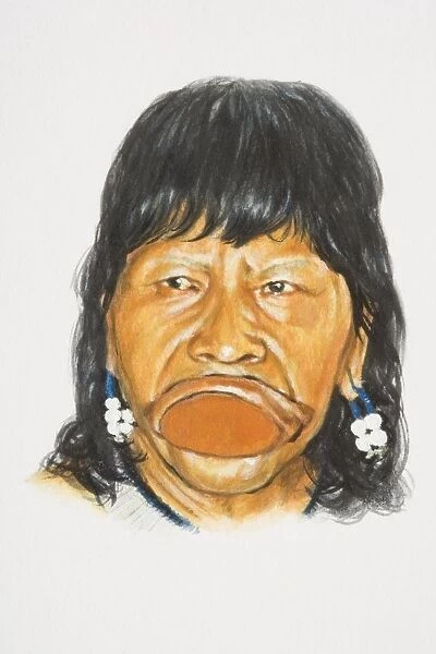 South America, head of lowland Amerindian woman with stretched lips holding traditional lip plate in her mouth, front view