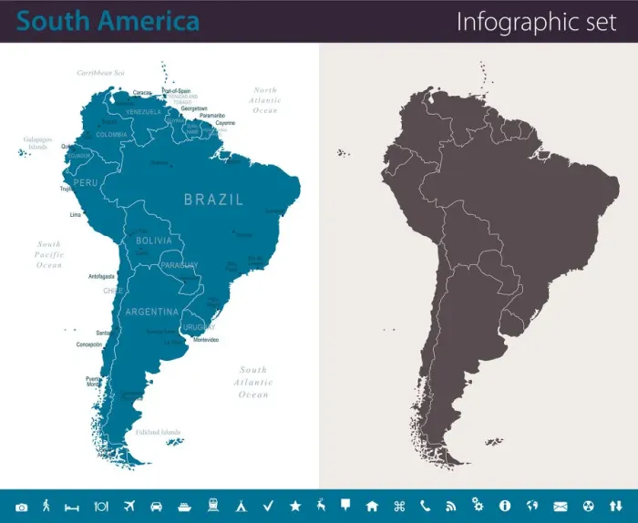 Framed Print : South America Map - Infographic Set Framed Print : South America Map - Infographic Set