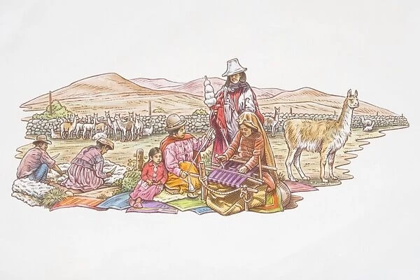 South America, Peru, Group of Peruvian Indians weaving and working on fabrics, herd of llamas and hills in background