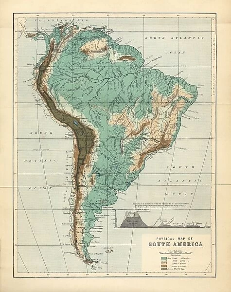 South America Physical Map, Engraving, 1892