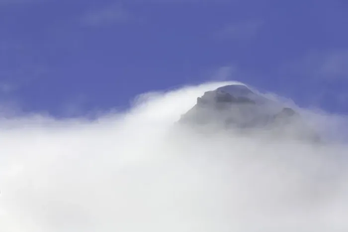 Framed Print : South Georgia, mountain peak enshrouded in fog, autumn morning Framed Print : South Georgia, mountain peak enshrouded in fog, autumn morning