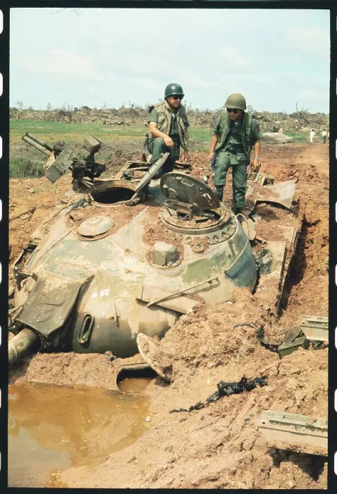 Framed Print : South Vietnamese Troops Inspect Destroyed Tank
