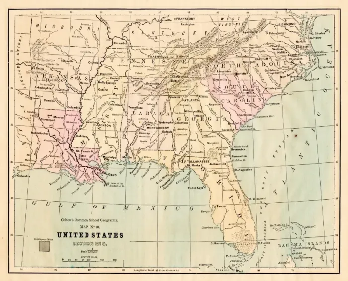 Framed Print : Souther States USA map 1881 Framed Print : Souther States USA map 1881