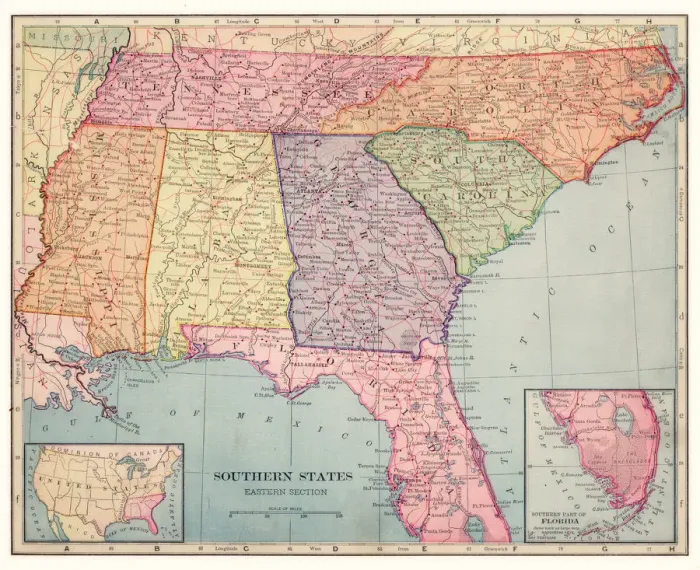 Framed Print : Southern states map 1892 Framed Print : Southern states map 1892