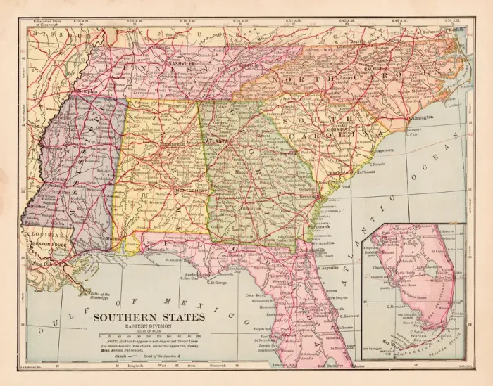 Framed Print : Southern states map 1898 Framed Print : Southern states map 1898