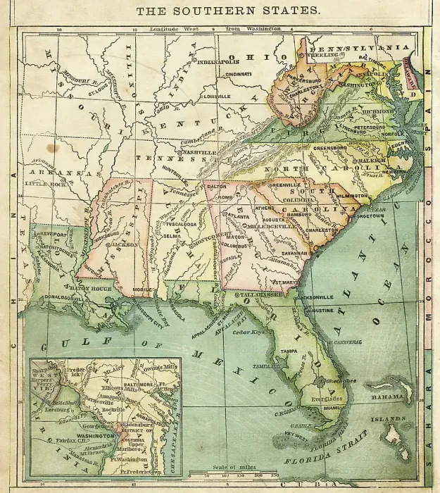Framed Print : The southern states - USA map 1876 Framed Print : The southern states - USA map 1876