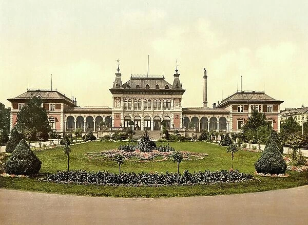 The spa hotel, Fountain House in Bad Elster, Saxony, Germany, Historic, digitally restored reproduction of a photochrome print from the 1890s