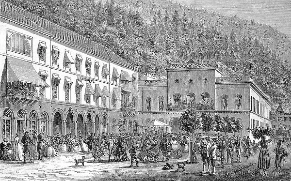 The spa town of Wildbad with the bathhouse and the spa hotel, 1890, Germany, Historic, digitally restored reproduction of a 19th century original, exact original date not known