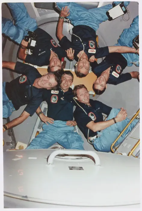Framed Print : Space Shuttle Crew Posing While Practicing an Orbit Framed Print : Space Shuttle Crew Posing While Practicing an Orbit