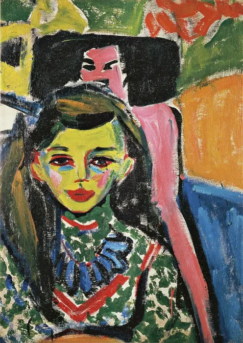Framed Print : Spain, Madrid, Thyssen-Bornemisza Museum. Whole artwork view. Portrait of a girl. The expressionist painter uses acid and bright colors to create her face, her eyes, her clothes and the whole background Framed Print : Spain, Madrid, Thyssen-Bornemisza Museum. Whole artwork view. Portrait of a girl. The expressionist painter uses acid and bright colors to create her face, her eyes, her clothes and the whole background
