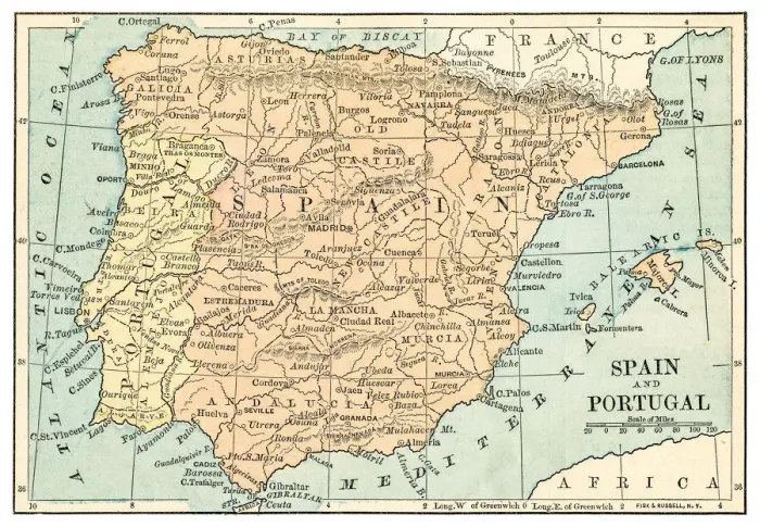 Framed Print : Spain and Portugal map 1875 Framed Print : Spain and Portugal map 1875