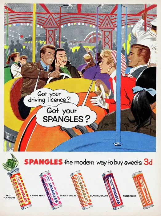Framed Print : Spangles. 1956: Advertisement for Spangles showing two couples riding bumper Framed Print : Spangles. 1956: Advertisement for Spangles showing two couples riding bumper