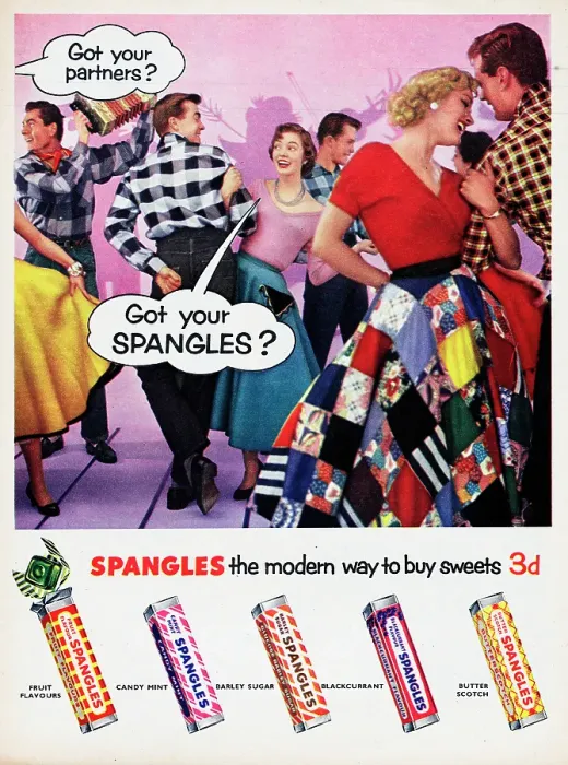 Framed Print : Spangles. 1956: Advertisement for Spangles sweets showing couples square dancing Framed Print : Spangles. 1956: Advertisement for Spangles sweets showing couples square dancing