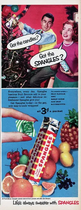 Framed Print : Spangles. 1955: A Christmas advertisement for Spangles candy showing a Framed Print : Spangles. 1955: A Christmas advertisement for Spangles candy showing a