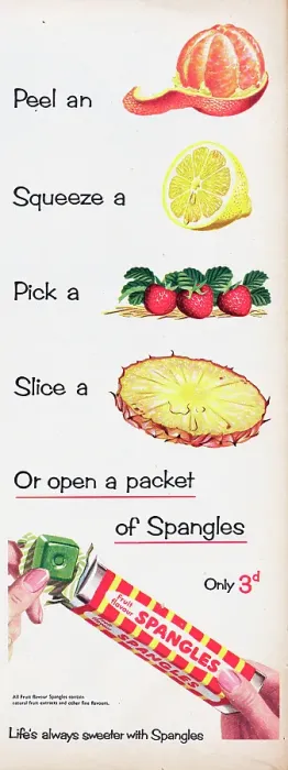 Framed Print : Spangles. 1955: Advertisement for Spangles candy showing the various fruit Framed Print : Spangles. 1955: Advertisement for Spangles candy showing the various fruit