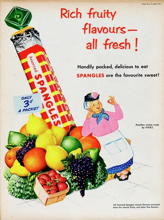 Framed Print : Spangles. 1954: Advertisement for Spangles sweets showing a grocer Framed Print : Spangles. 1954: Advertisement for Spangles sweets showing a grocer