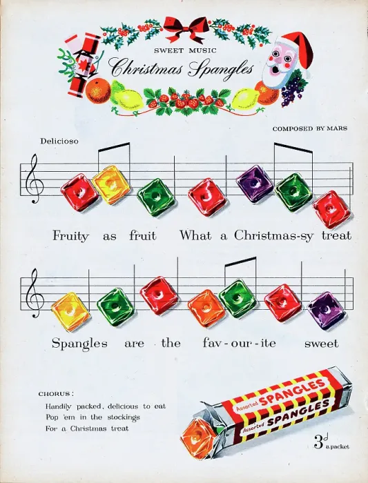 Framed Print : Spangles. 1953: A Christmas advertisement for Spangles showing the sweets Framed Print : Spangles. 1953: A Christmas advertisement for Spangles showing the sweets