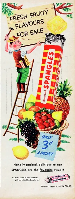 Framed Print : Spangles. 1953: Advertisement for Spangles with the caption fresh fruity Framed Print : Spangles. 1953: Advertisement for Spangles with the caption fresh fruity