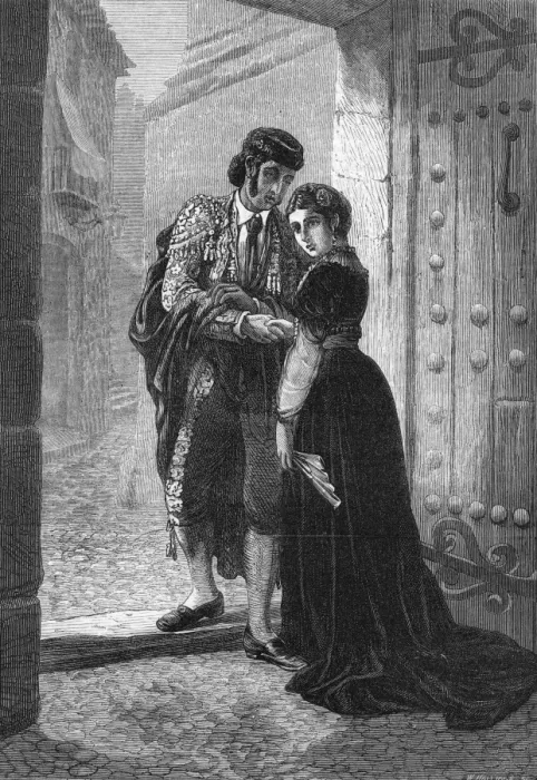 Framed Print : Adios. A Spanish bullfighter bids farewell to his anxious sweetheart before Framed Print : Adios. A Spanish bullfighter bids farewell to his anxious sweetheart before
