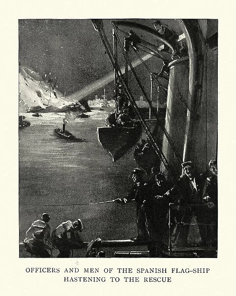 Spanish officers and men going the rescue survivors of the USS Maine, Havana Harbor