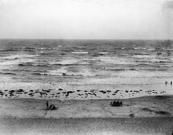 Beach. circa 1930: A sparsely populated beach