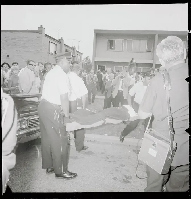 Framed Print : Speck Victim Being Carried to Morgue as Crowd Watches Framed Print : Speck Victim Being Carried to Morgue as Crowd Watches