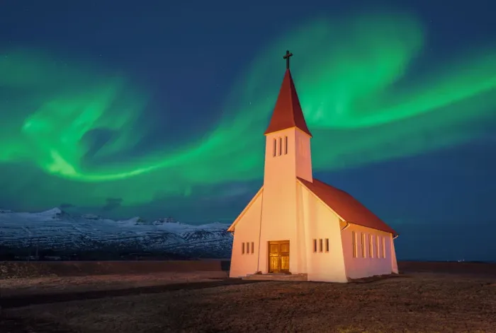 Framed Print : Spectacular northern lights appear Over Church
