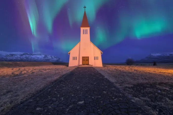 Framed Print : Spectacular northern lights appear Over Church Framed Print : Spectacular northern lights appear Over Church