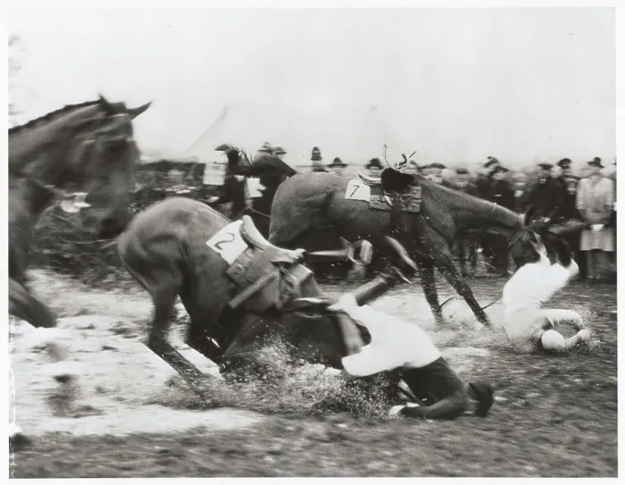 Framed Print : Spectators Gazing at Riders Falling from Horses Framed Print : Spectators Gazing at Riders Falling from Horses