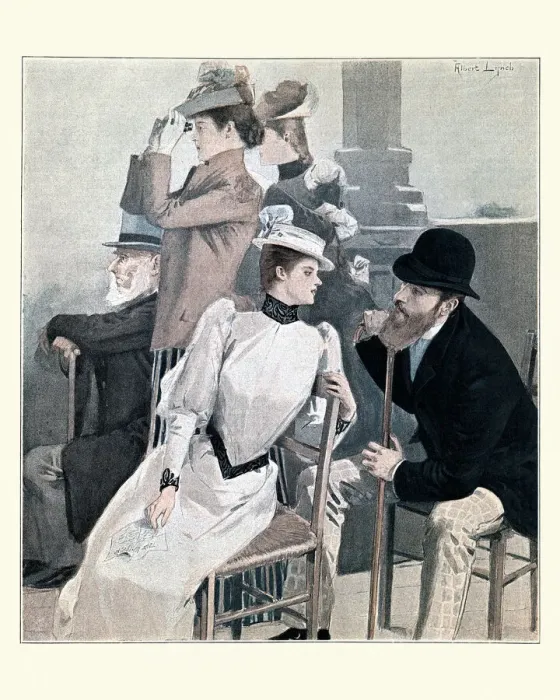 Framed Print : Spectators at a sports race, chatting, Victorian, 1890s Framed Print : Spectators at a sports race, chatting, Victorian, 1890s