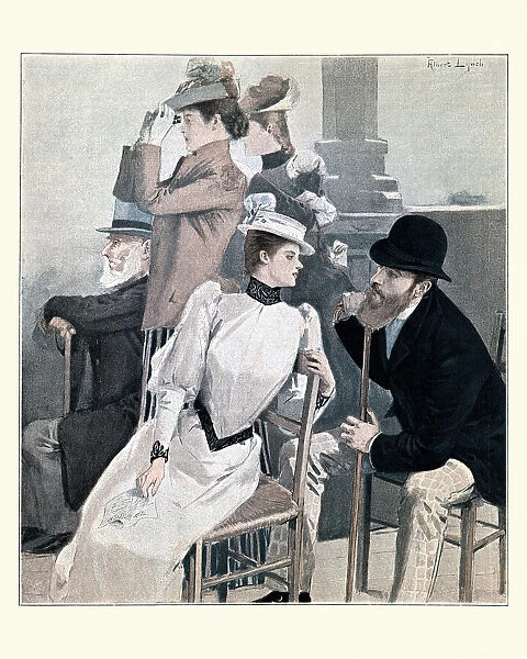 Spectators at a sports race, chatting, Victorian, 1890s